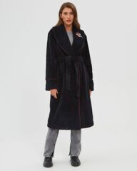 Пальто-халат из черного конопляного меха с вышивкой